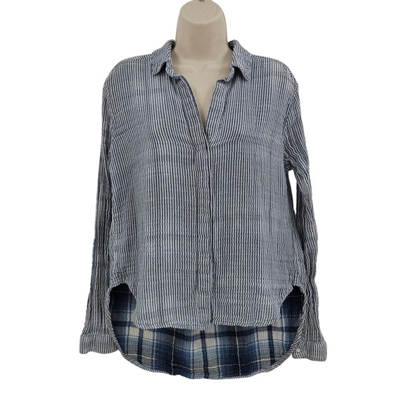 Anthropologie Cloth & Stone Shirt Women M Blue Striped Plaid Layered Cotton Prep - Picture 1 of 11